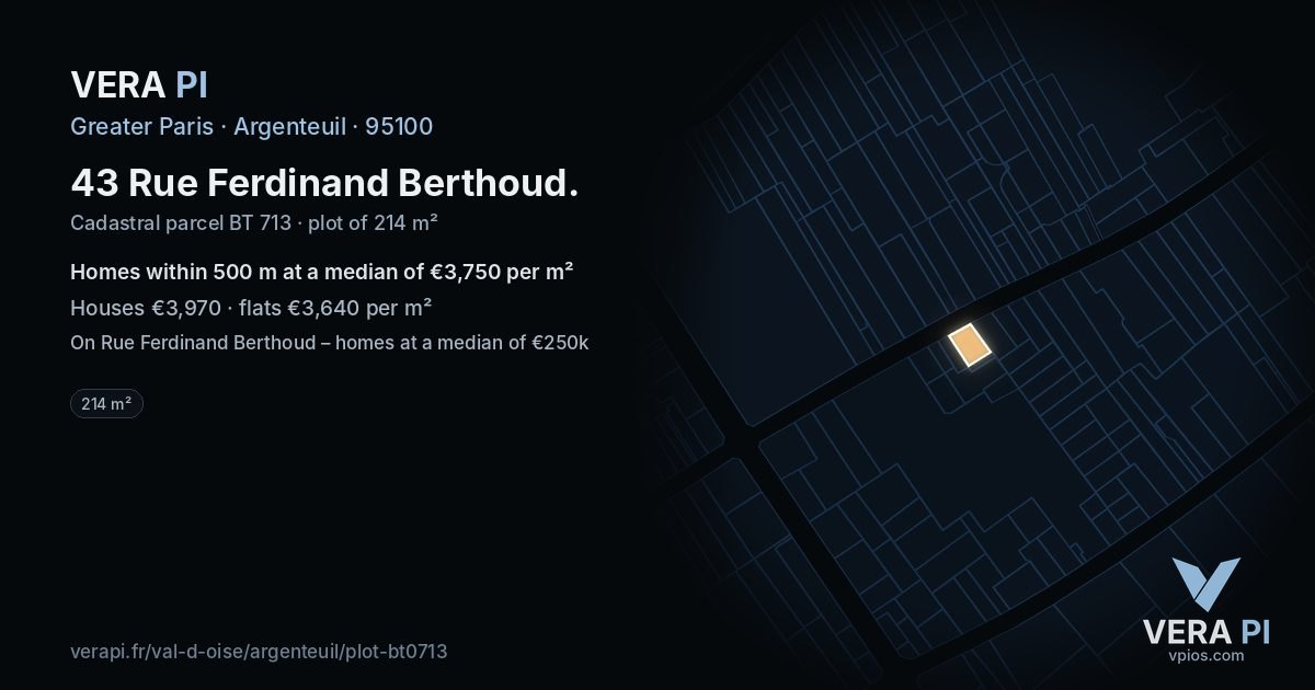 43 Rue Ferdinand Berthoud, Argenteuil at night – the plot lit, the parcels around coloured by the prices near them