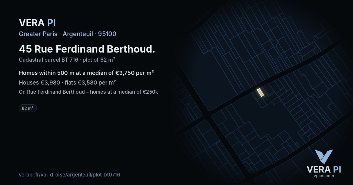 45 Rue Ferdinand Berthoud, Argenteuil at night – the plot lit, the parcels around coloured by the prices near them
