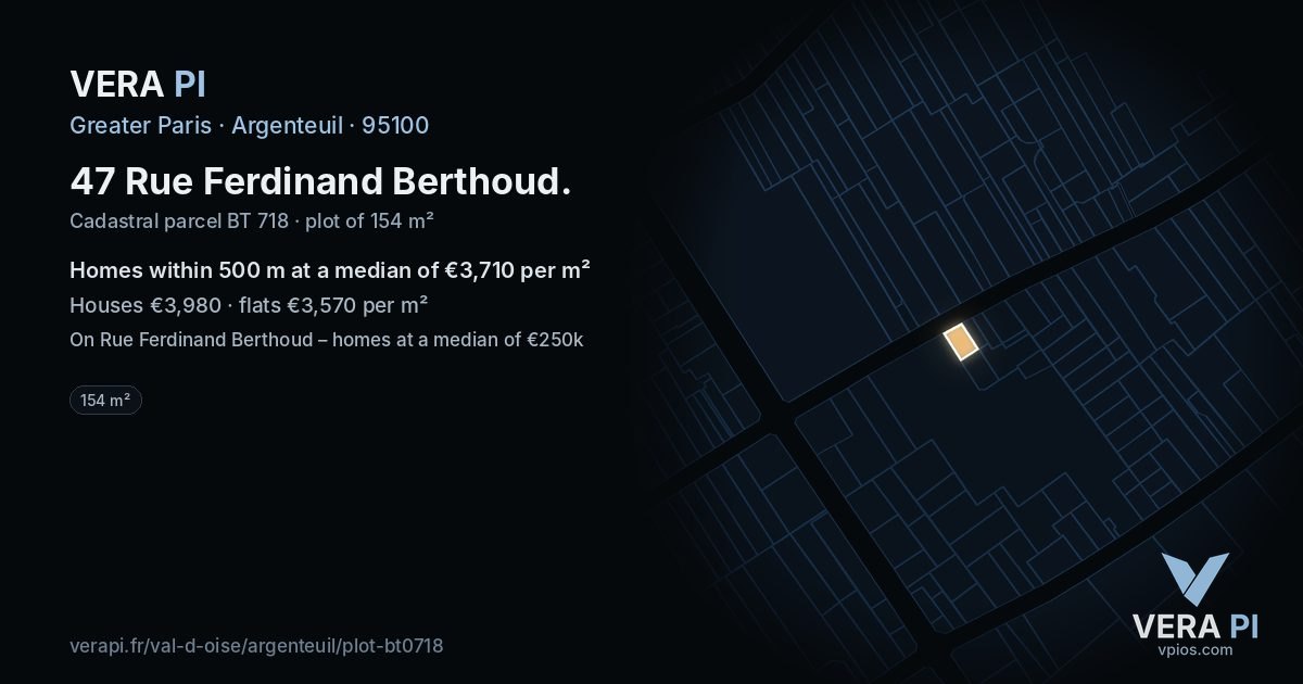 47 Rue Ferdinand Berthoud, Argenteuil at night – the plot lit, the parcels around coloured by the prices near them