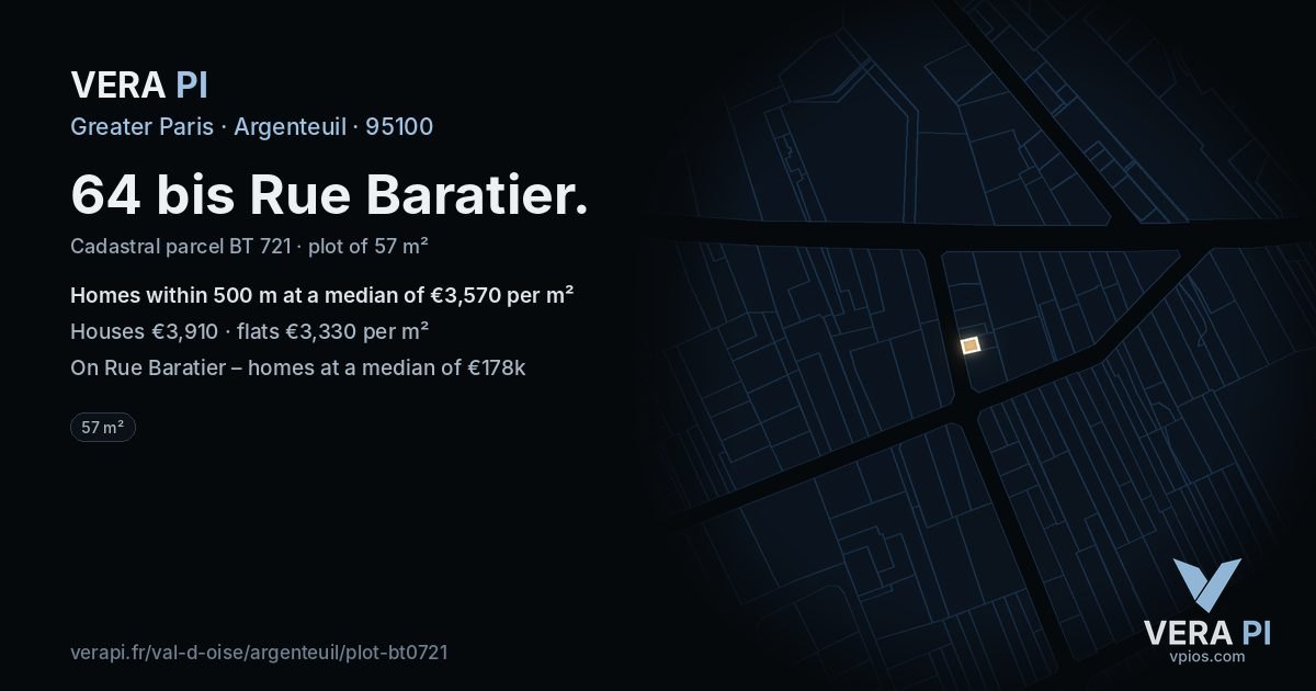 64 bis Rue Baratier, Argenteuil at night – the plot lit, the parcels around coloured by the prices near them