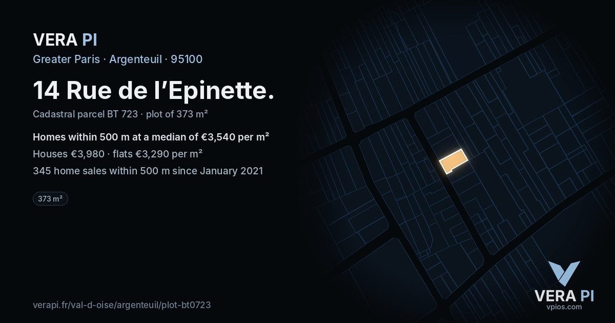 14 Rue de l’Epinette, Argenteuil at night – the plot lit, the parcels around coloured by the prices near them