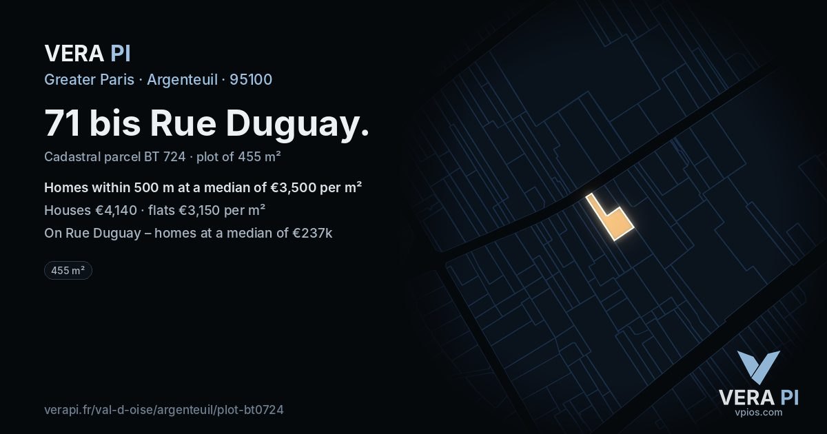 71 bis Rue Duguay, Argenteuil at night – the plot lit, the parcels around coloured by the prices near them