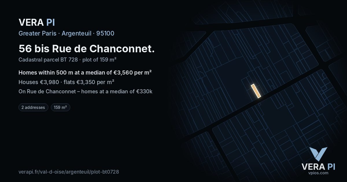 56 bis Rue de Chanconnet, Argenteuil at night – the plot lit, the parcels around coloured by the prices near them
