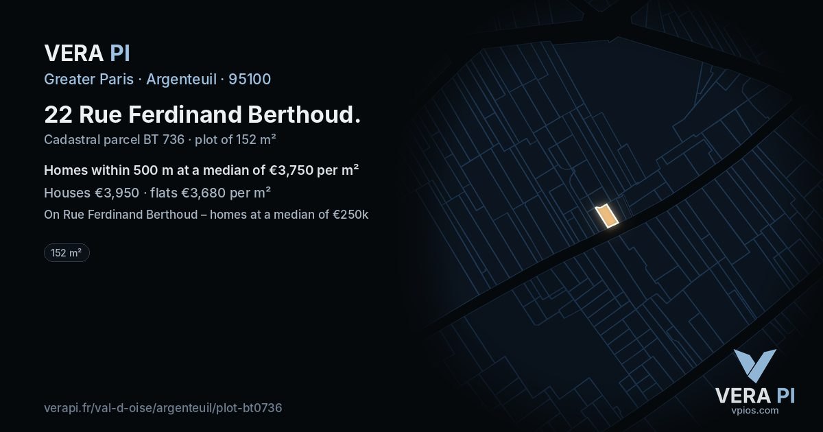 22 Rue Ferdinand Berthoud, Argenteuil at night – the plot lit, the parcels around coloured by the prices near them