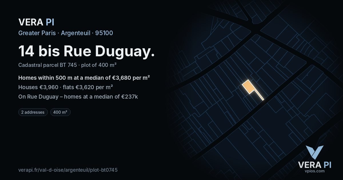 14 bis Rue Duguay, Argenteuil at night – the plot lit, the parcels around coloured by the prices near them