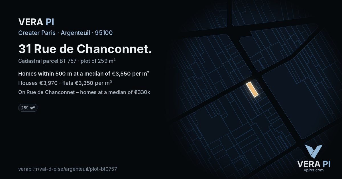 31 Rue de Chanconnet, Argenteuil at night – the plot lit, the parcels around coloured by the prices near them