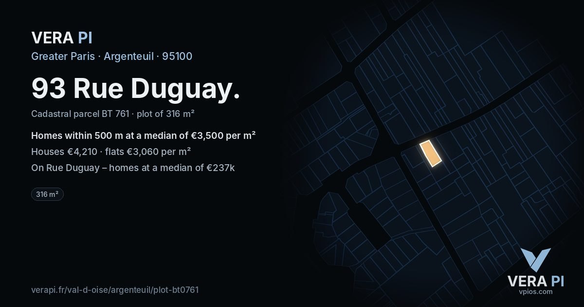 93 Rue Duguay, Argenteuil at night – the plot lit, the parcels around coloured by the prices near them
