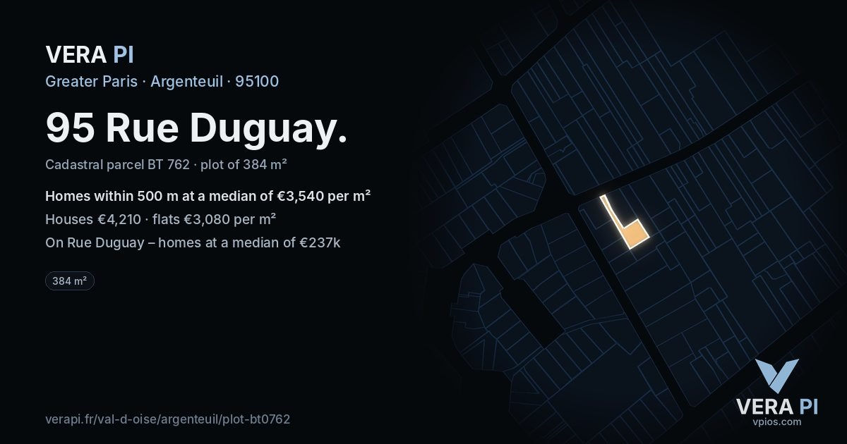 95 Rue Duguay, Argenteuil at night – the plot lit, the parcels around coloured by the prices near them