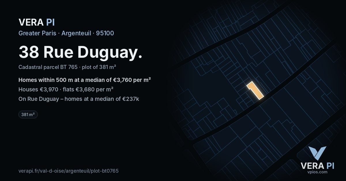 38 Rue Duguay, Argenteuil at night – the plot lit, the parcels around coloured by the prices near them