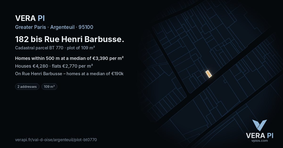 182 bis Rue Henri Barbusse, Argenteuil at night – the plot lit, the parcels around coloured by the prices near them