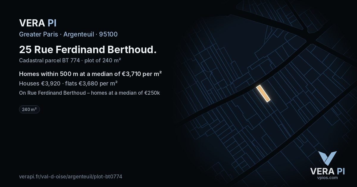 25 Rue Ferdinand Berthoud, Argenteuil at night – the plot lit, the parcels around coloured by the prices near them