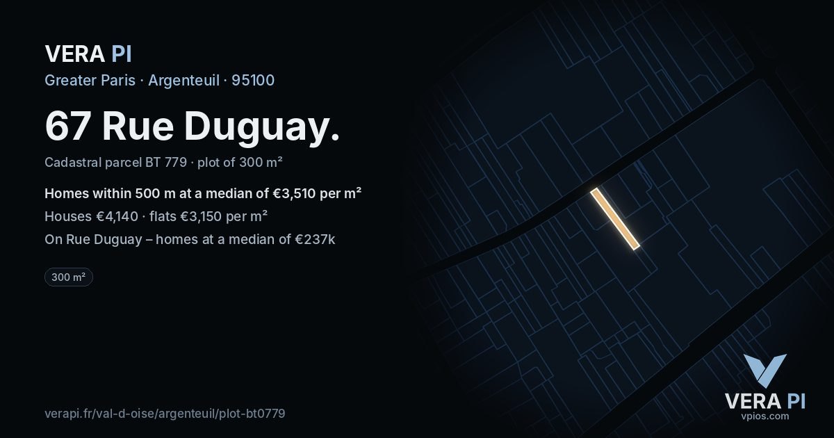 67 Rue Duguay, Argenteuil at night – the plot lit, the parcels around coloured by the prices near them