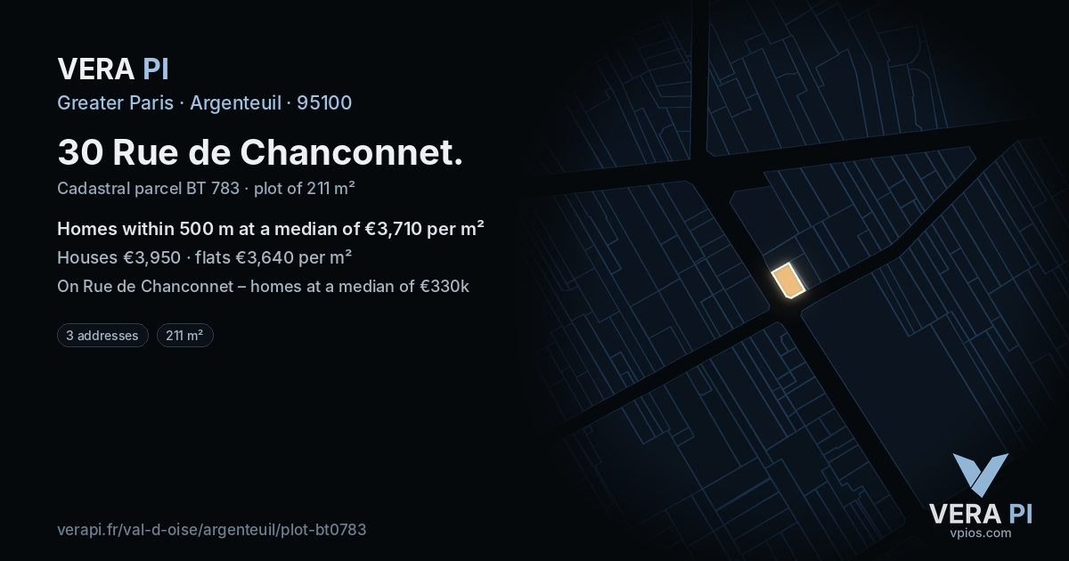 30 Rue de Chanconnet, Argenteuil at night – the plot lit, the parcels around coloured by the prices near them