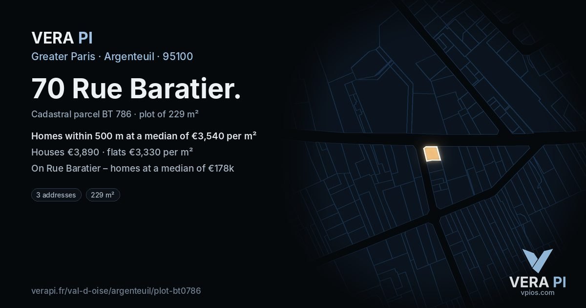 70 Rue Baratier, Argenteuil at night – the plot lit, the parcels around coloured by the prices near them