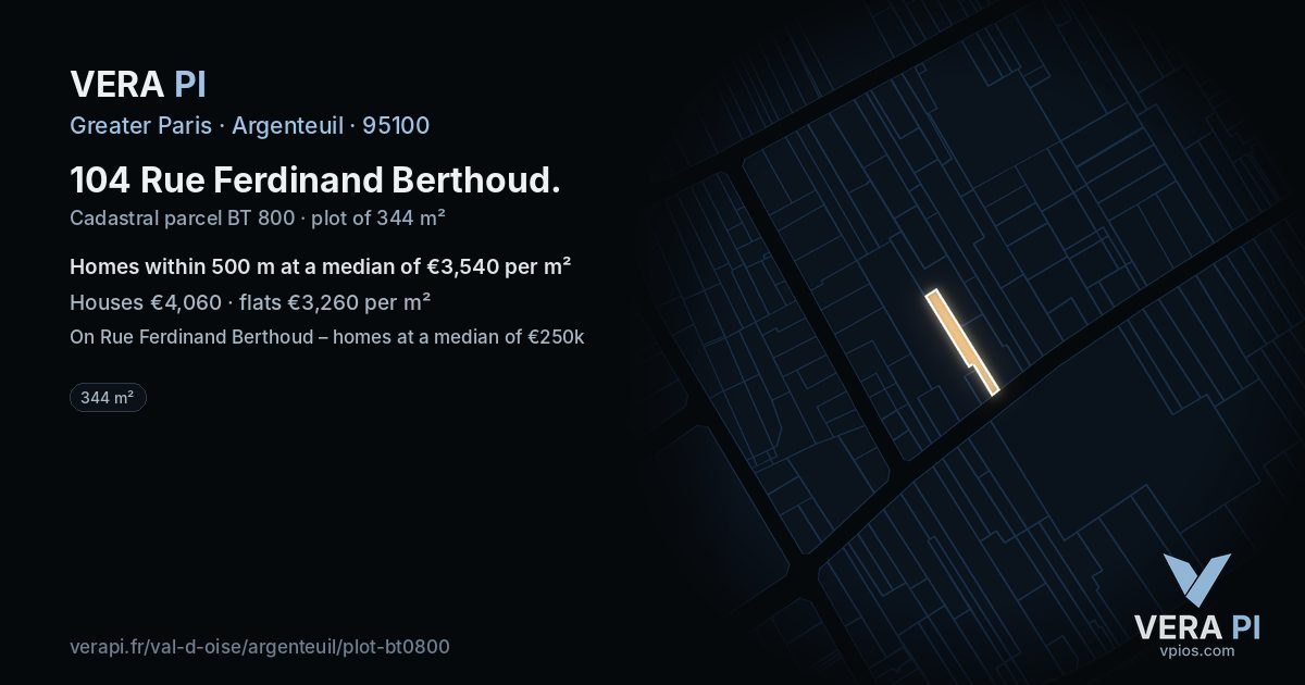 104 Rue Ferdinand Berthoud, Argenteuil at night – the plot lit, the parcels around coloured by the prices near them