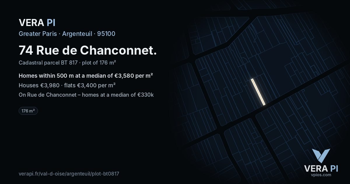 74 Rue de Chanconnet, Argenteuil at night – the plot lit, the parcels around coloured by the prices near them