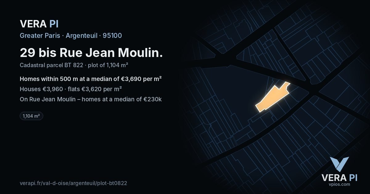29 bis Rue Jean Moulin, Argenteuil at night – the plot lit, the parcels around coloured by the prices near them