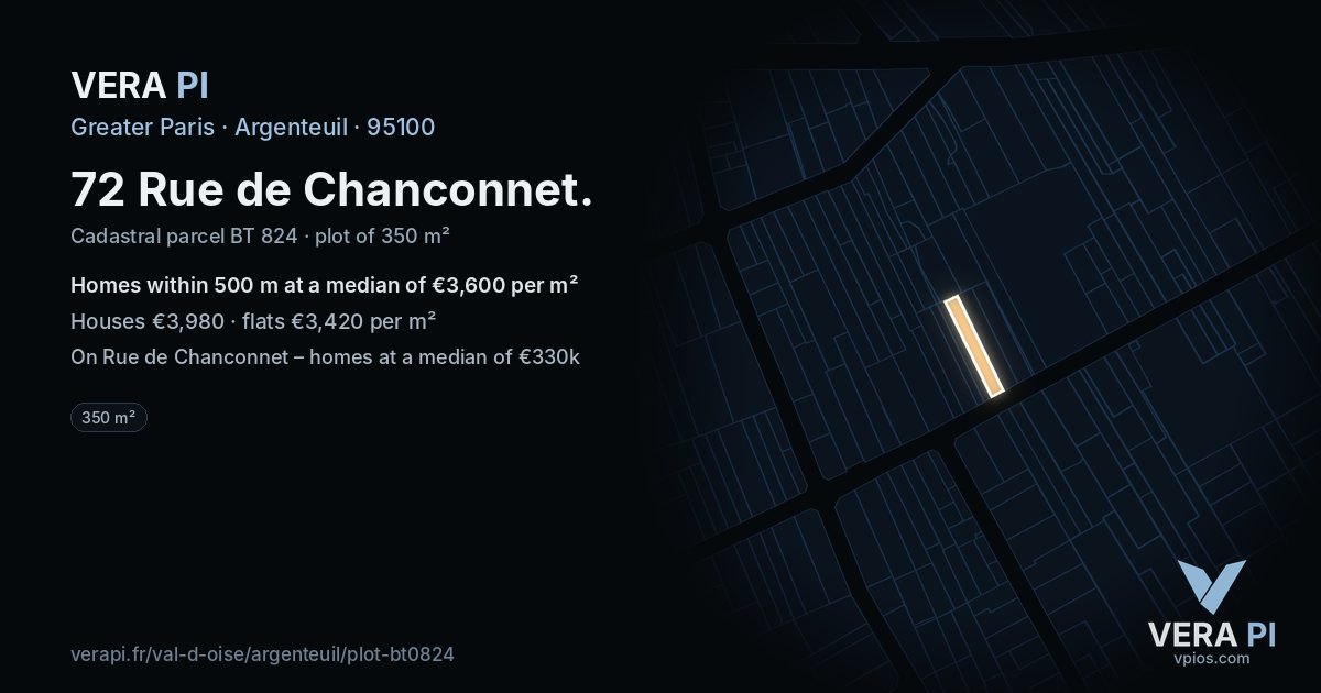 72 Rue de Chanconnet, Argenteuil at night – the plot lit, the parcels around coloured by the prices near them