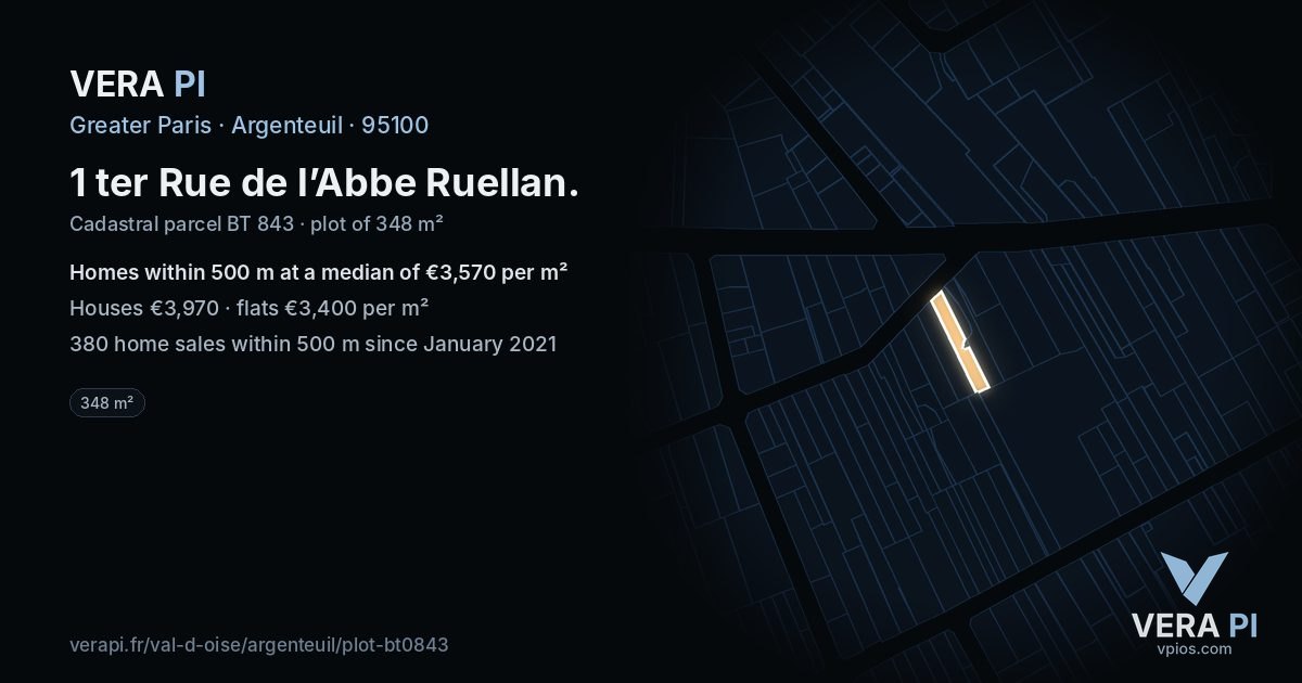1 ter Rue de l’Abbe Ruellan, Argenteuil at night – the plot lit, the parcels around coloured by the prices near them