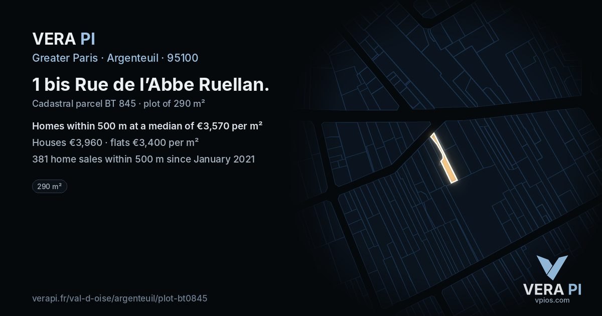 1 bis Rue de l’Abbe Ruellan, Argenteuil at night – the plot lit, the parcels around coloured by the prices near them