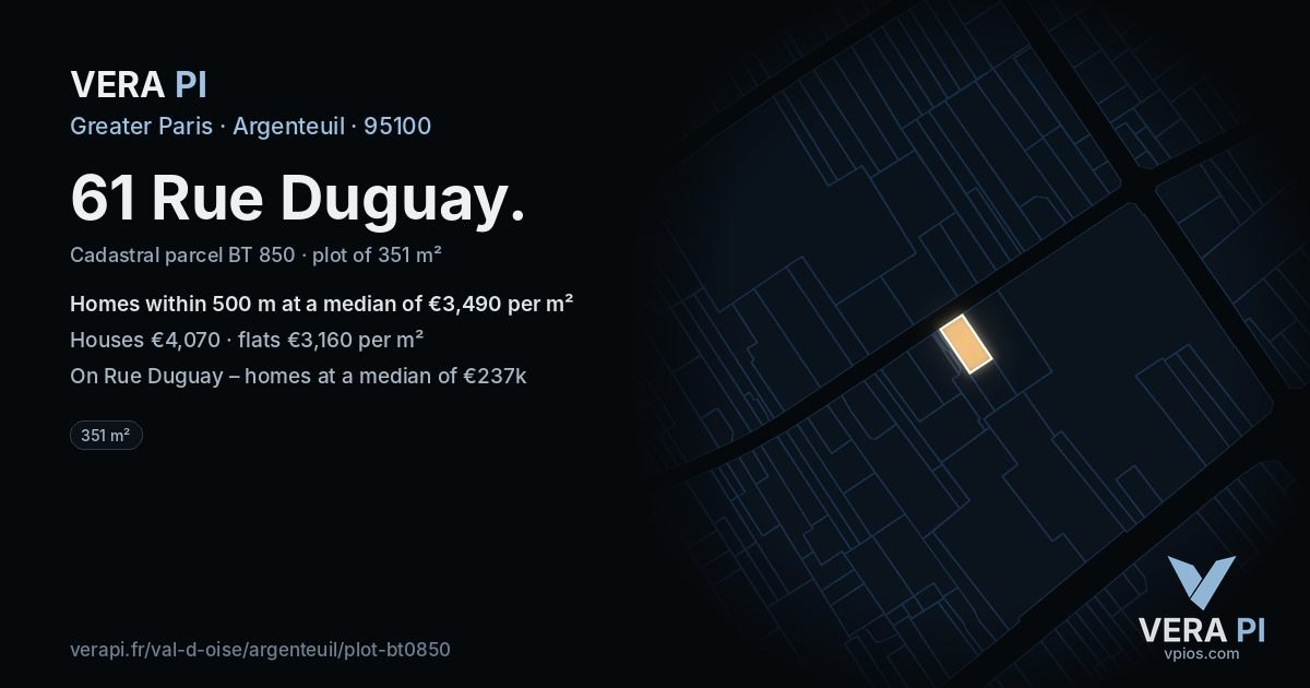 61 Rue Duguay, Argenteuil at night – the plot lit, the parcels around coloured by the prices near them