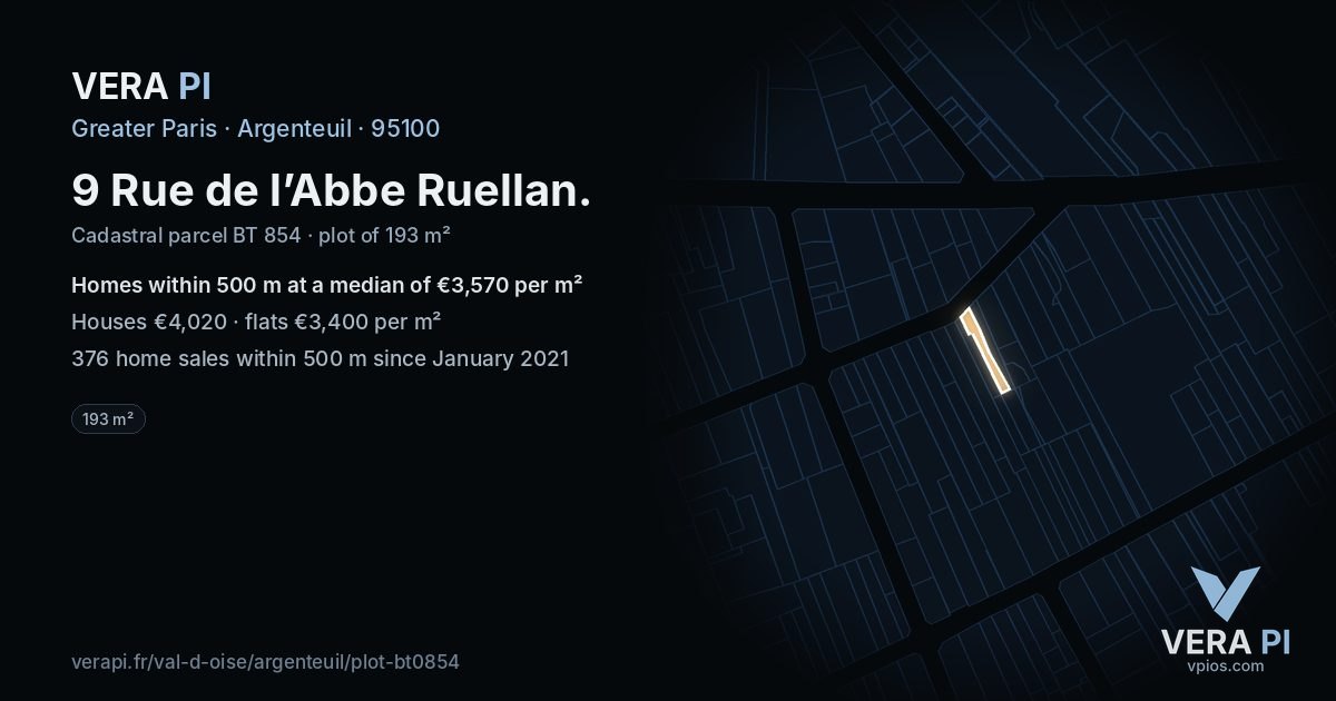 9 Rue de l’Abbe Ruellan, Argenteuil at night – the plot lit, the parcels around coloured by the prices near them