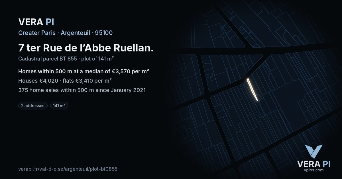7 ter Rue de l’Abbe Ruellan, Argenteuil at night – the plot lit, the parcels around coloured by the prices near them