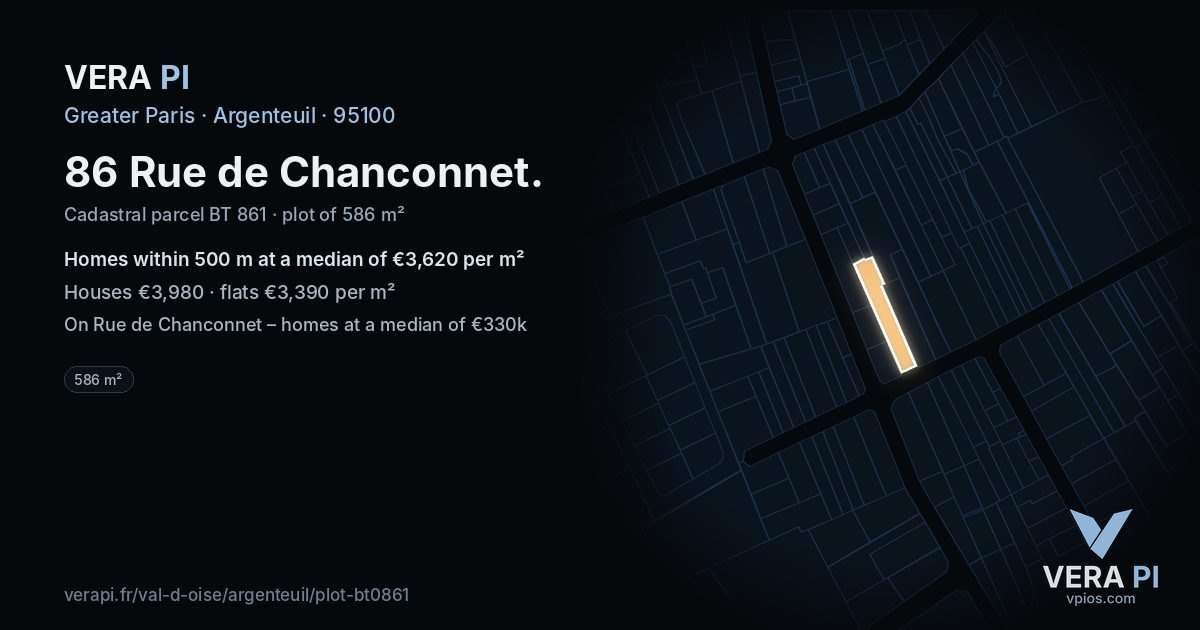 86 Rue de Chanconnet, Argenteuil at night – the plot lit, the parcels around coloured by the prices near them