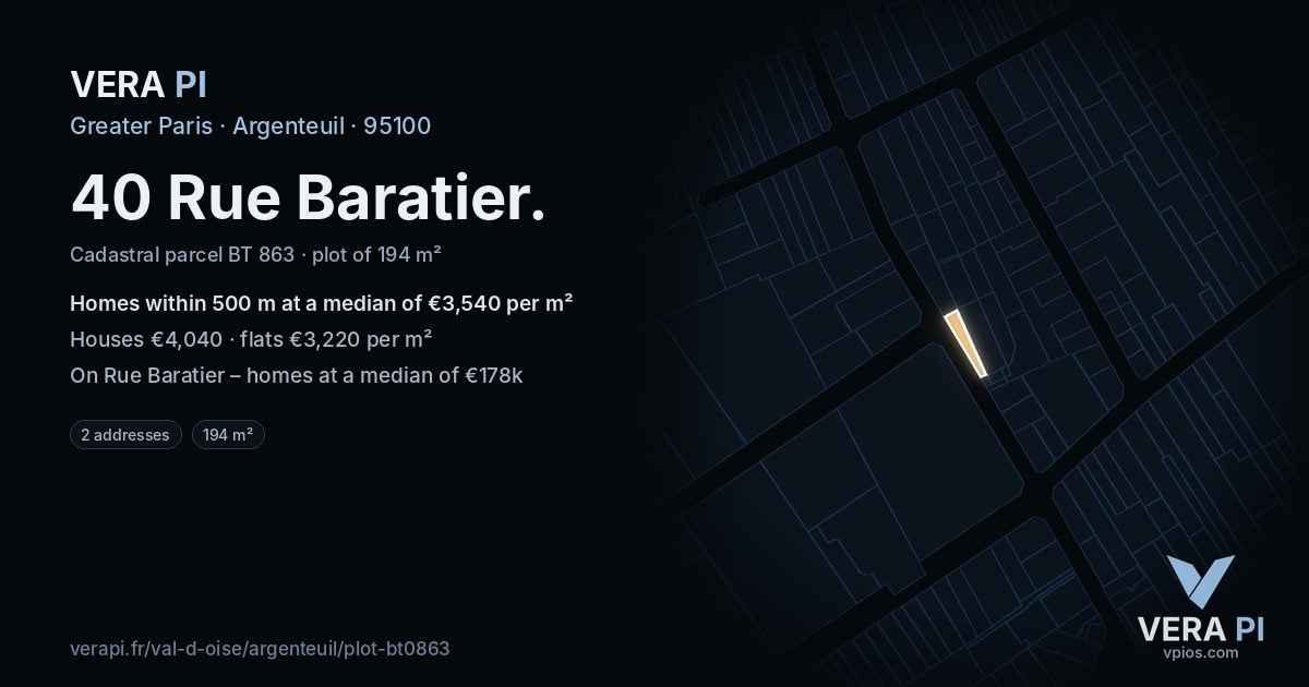 40 Rue Baratier, Argenteuil at night – the plot lit, the parcels around coloured by the prices near them