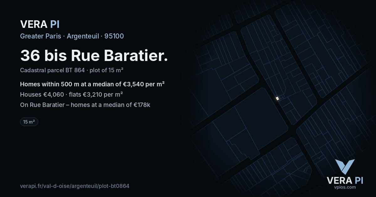 36 bis Rue Baratier, Argenteuil at night – the plot lit, the parcels around coloured by the prices near them