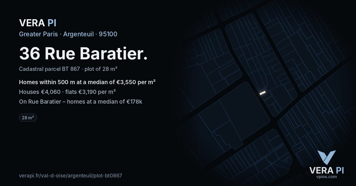 36 Rue Baratier, Argenteuil at night – the plot lit, the parcels around coloured by the prices near them