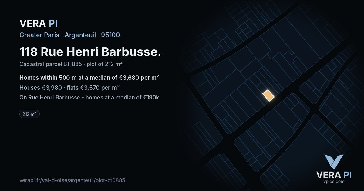 118 Rue Henri Barbusse, Argenteuil at night – the plot lit, the parcels around coloured by the prices near them