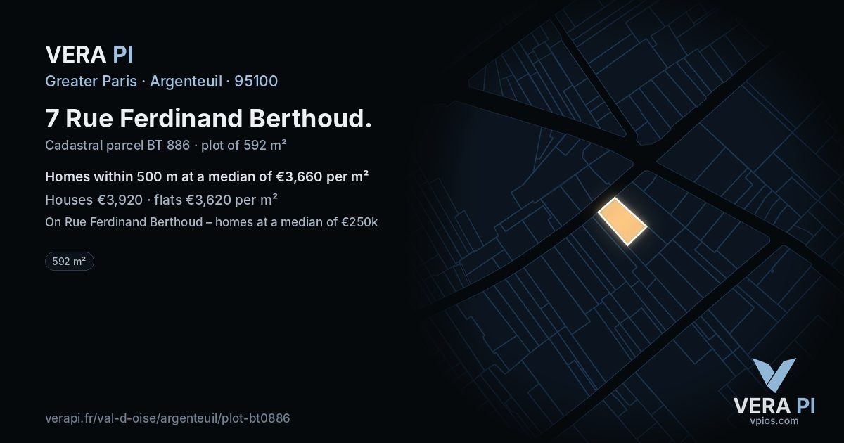7 Rue Ferdinand Berthoud, Argenteuil at night – the plot lit, the parcels around coloured by the prices near them