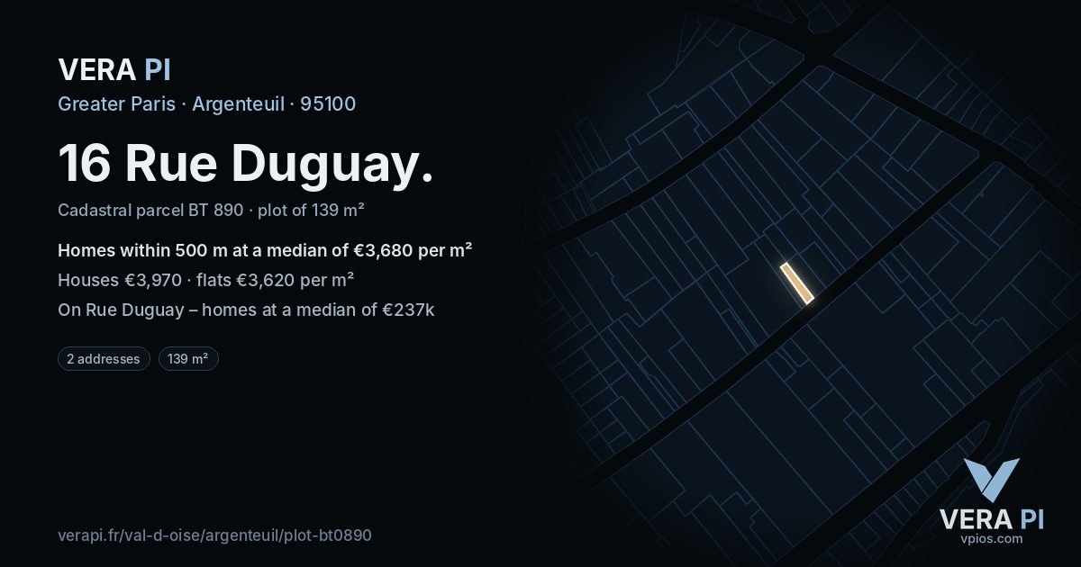 16 Rue Duguay, Argenteuil at night – the plot lit, the parcels around coloured by the prices near them