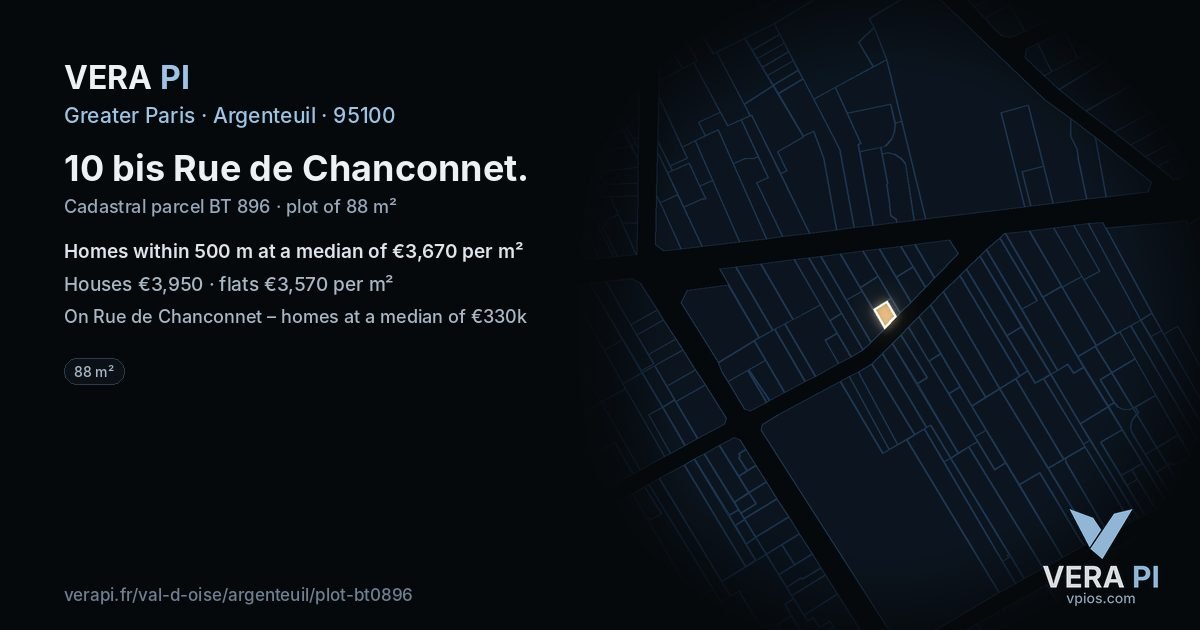 10 bis Rue de Chanconnet, Argenteuil at night – the plot lit, the parcels around coloured by the prices near them
