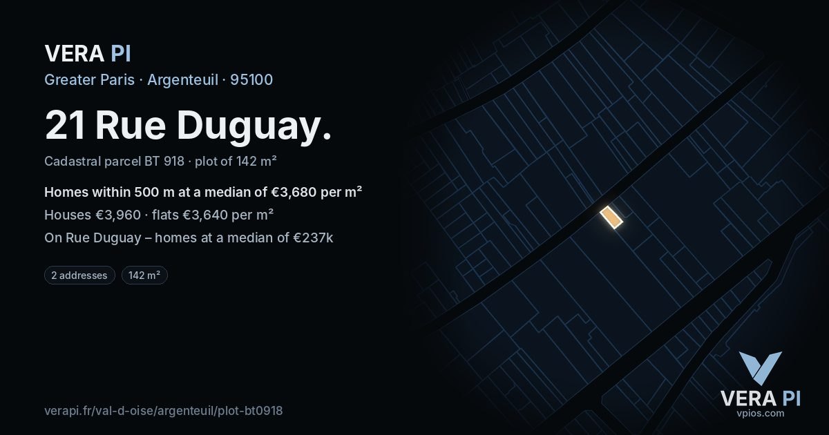 21 Rue Duguay, Argenteuil at night – the plot lit, the parcels around coloured by the prices near them
