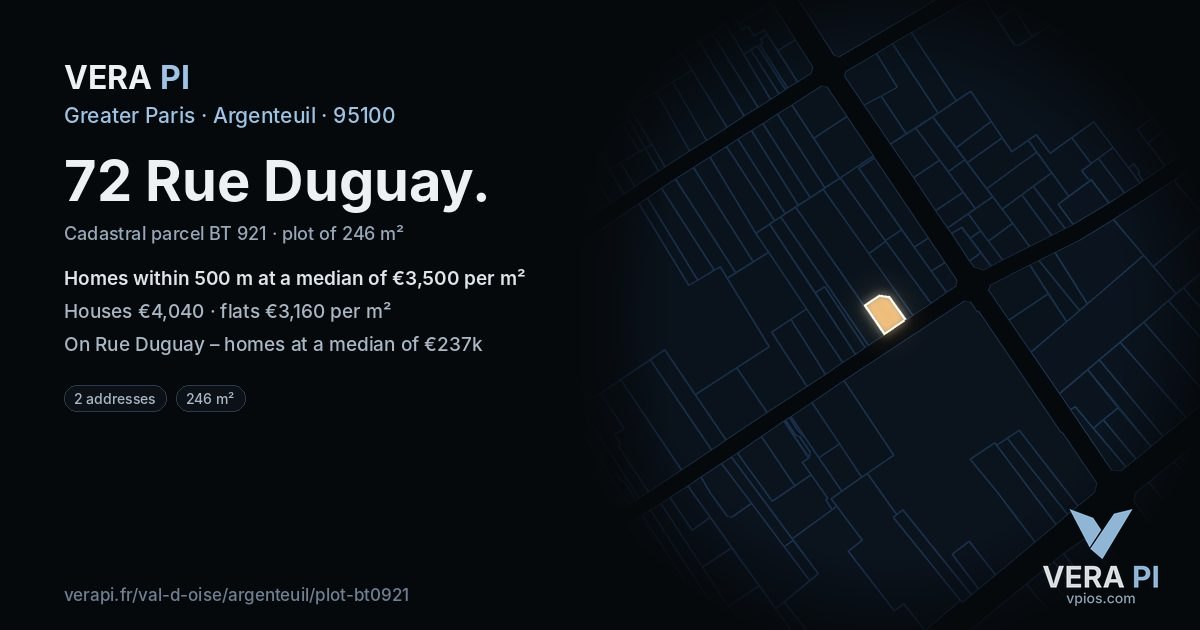 72 Rue Duguay, Argenteuil at night – the plot lit, the parcels around coloured by the prices near them