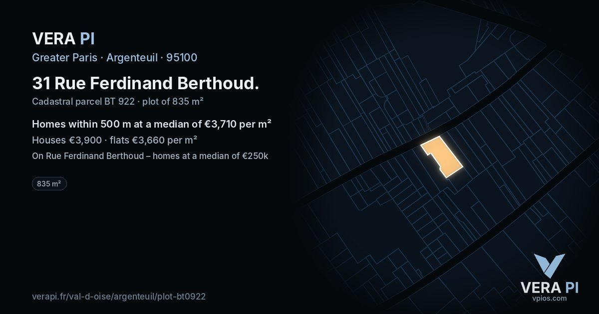 31 Rue Ferdinand Berthoud, Argenteuil at night – the plot lit, the parcels around coloured by the prices near them