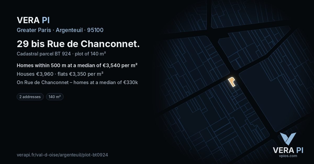 29 bis Rue de Chanconnet, Argenteuil at night – the plot lit, the parcels around coloured by the prices near them