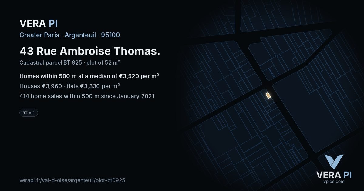 43 Rue Ambroise Thomas, Argenteuil at night – the plot lit, the parcels around coloured by the prices near them