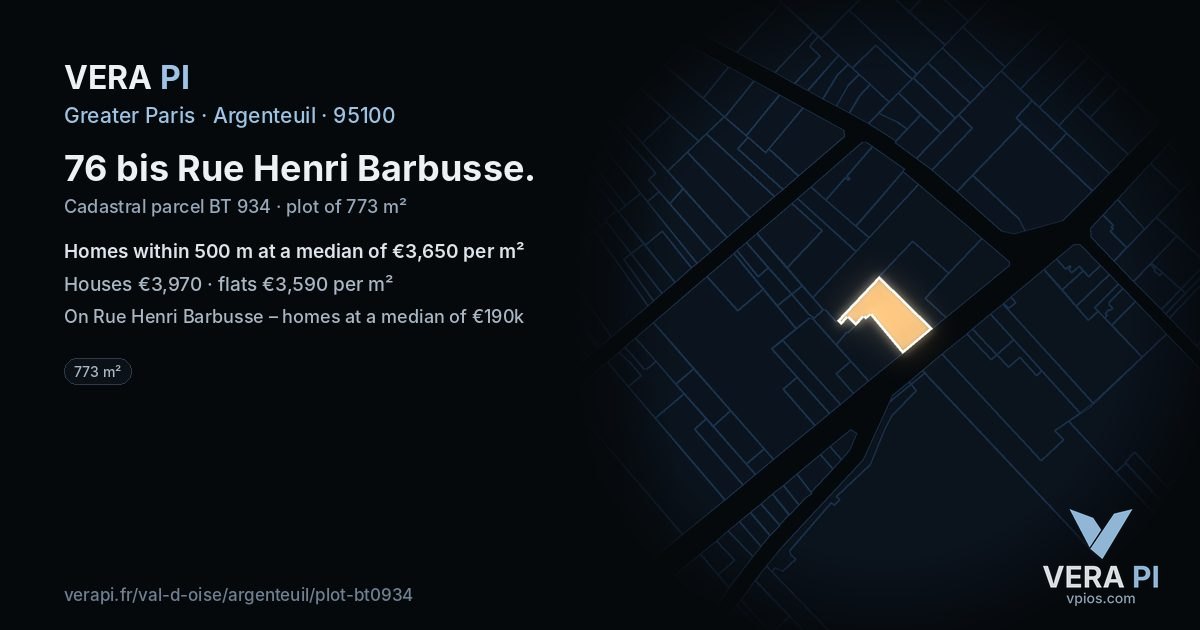 76 bis Rue Henri Barbusse, Argenteuil at night – the plot lit, the parcels around coloured by the prices near them