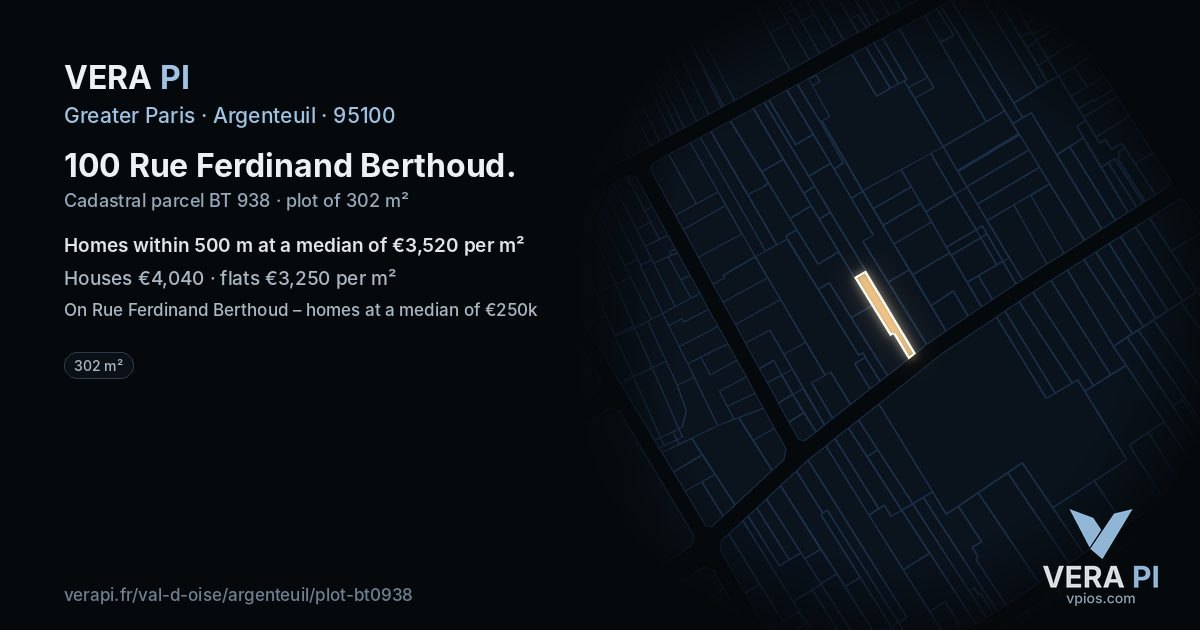 100 Rue Ferdinand Berthoud, Argenteuil at night – the plot lit, the parcels around coloured by the prices near them