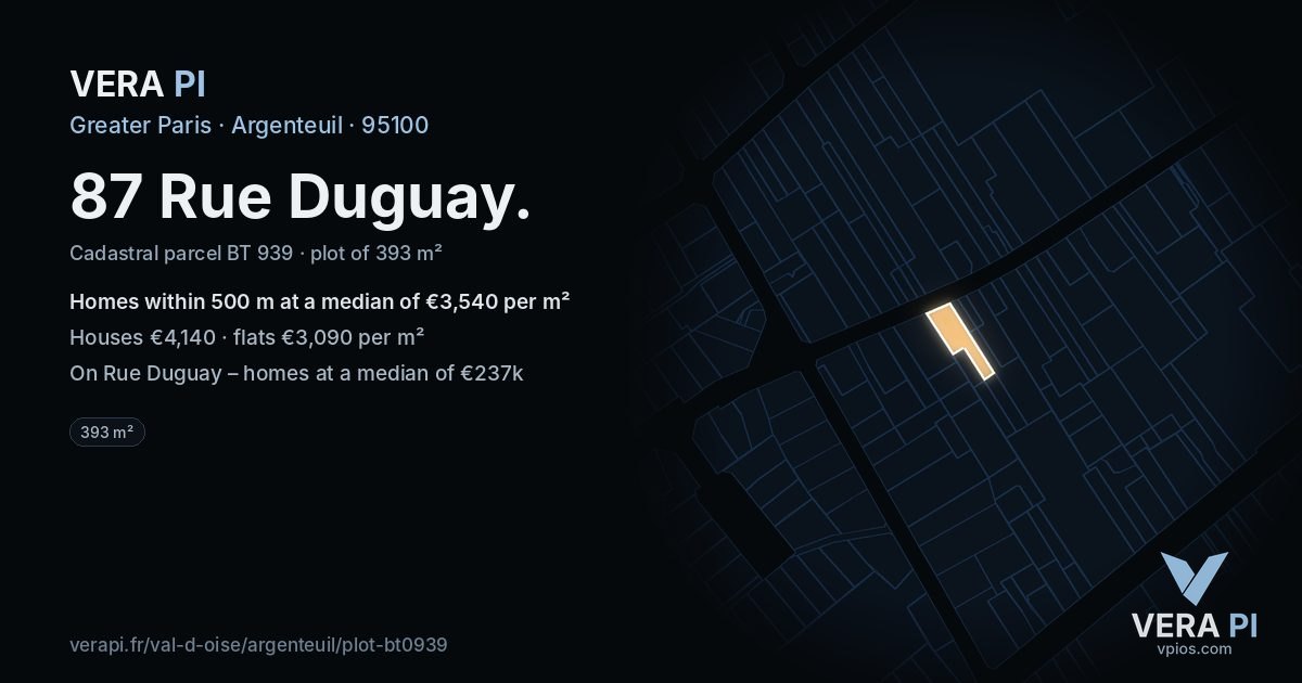 87 Rue Duguay, Argenteuil at night – the plot lit, the parcels around coloured by the prices near them