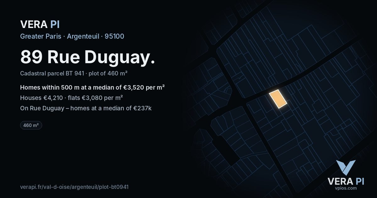 89 Rue Duguay, Argenteuil at night – the plot lit, the parcels around coloured by the prices near them