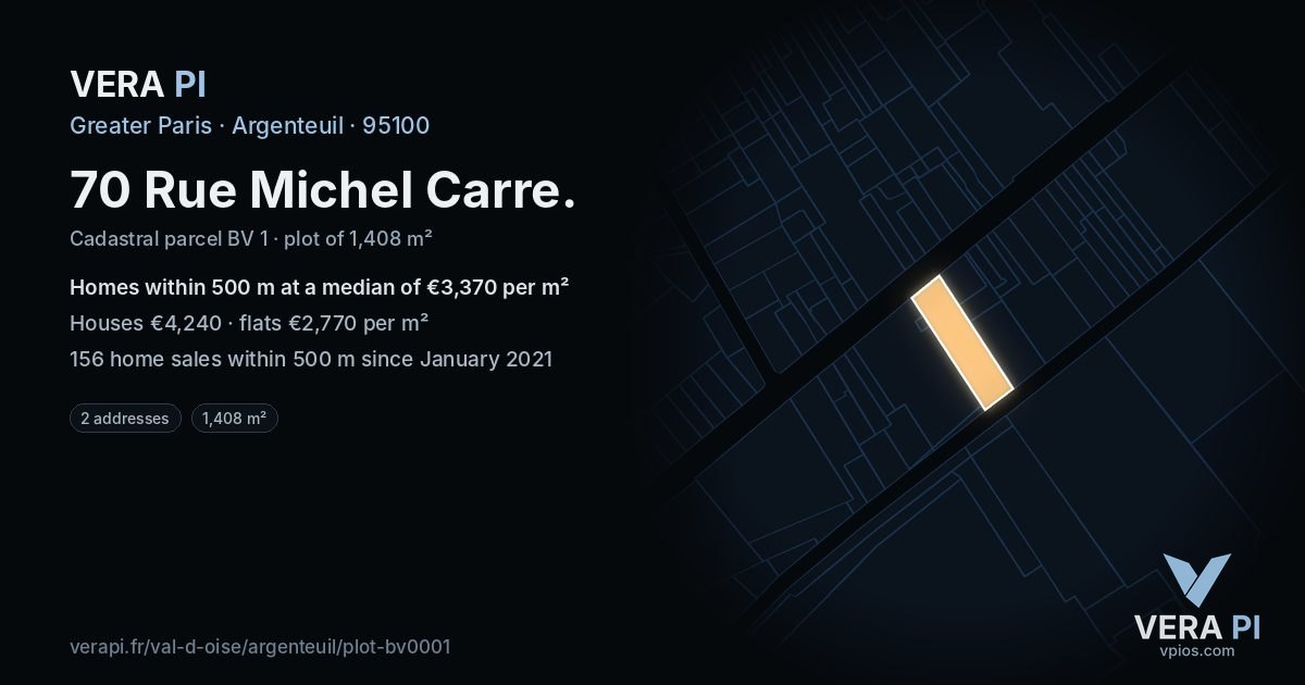70 Rue Michel Carre, Argenteuil at night – the plot lit, the parcels around coloured by the prices near them