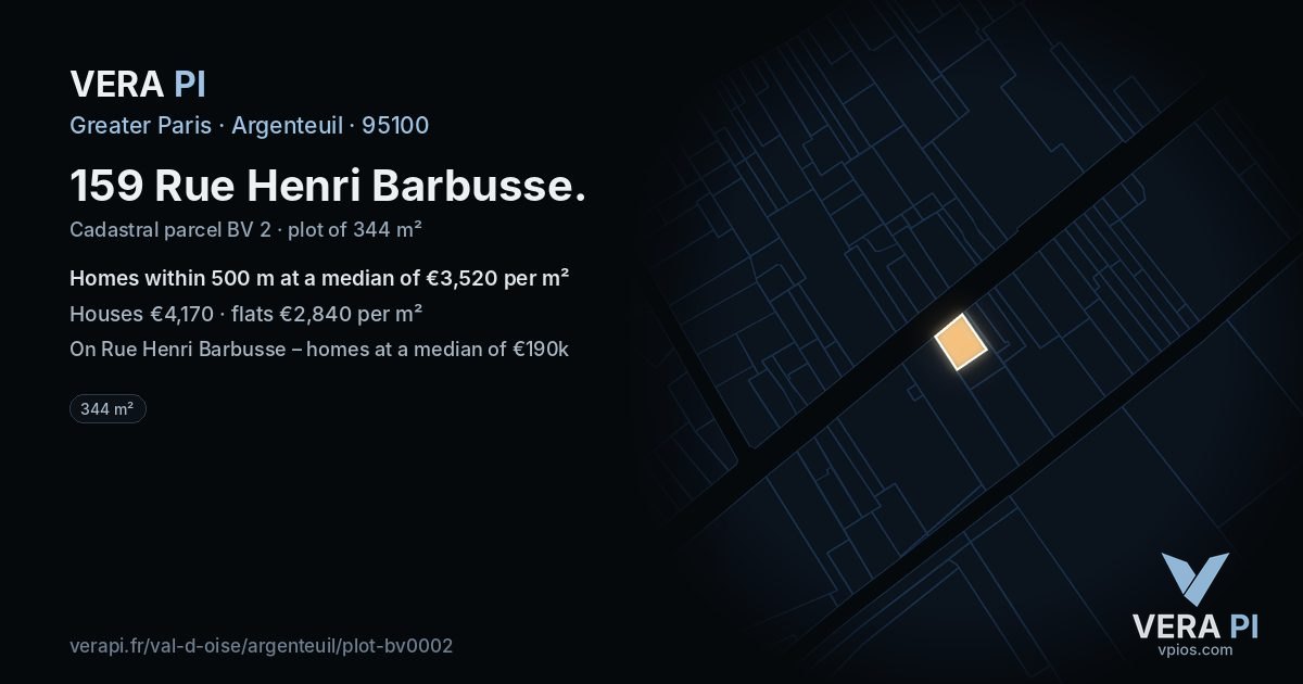 159 Rue Henri Barbusse, Argenteuil at night – the plot lit, the parcels around coloured by the prices near them
