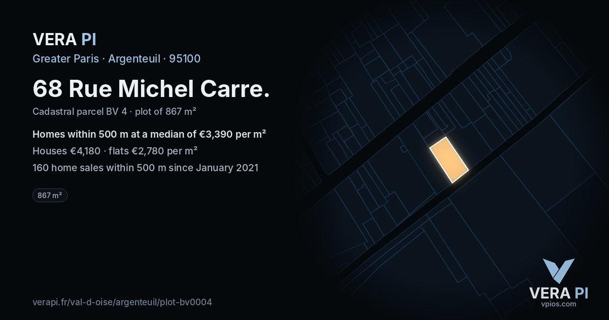 68 Rue Michel Carre, Argenteuil at night – the plot lit, the parcels around coloured by the prices near them