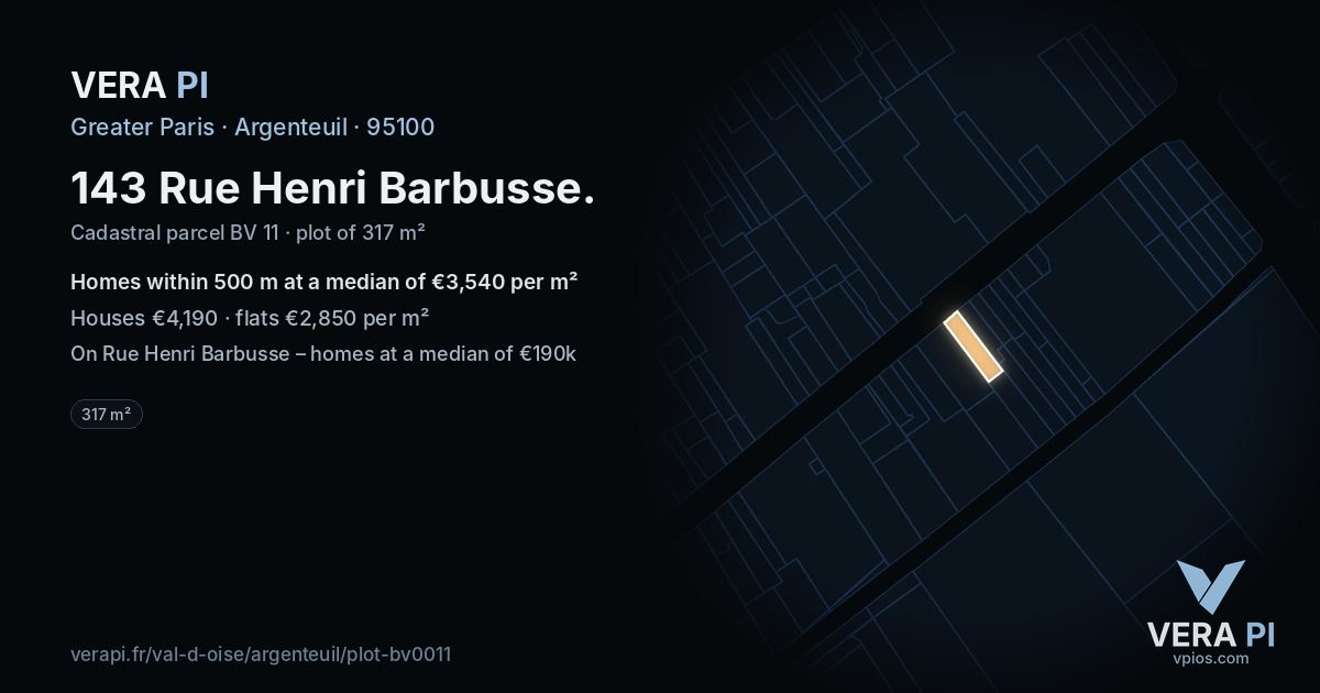 143 Rue Henri Barbusse, Argenteuil at night – the plot lit, the parcels around coloured by the prices near them