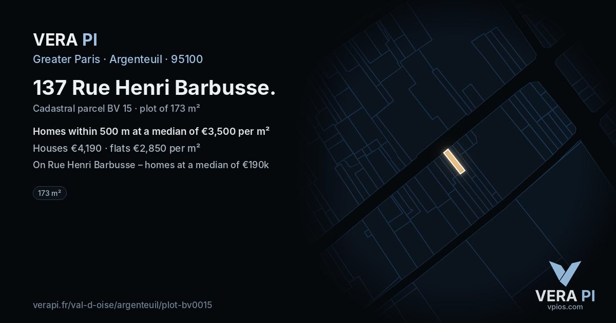 137 Rue Henri Barbusse, Argenteuil at night – the plot lit, the parcels around coloured by the prices near them