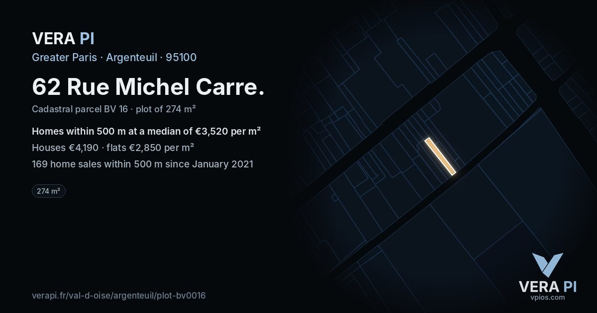 62 Rue Michel Carre, Argenteuil at night – the plot lit, the parcels around coloured by the prices near them